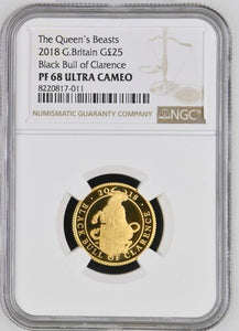 2018 £25 GOLD QUEENS BEASTS BLACK BULL OF CLARENCE ( NGC ) PF 68 ULTRA CAMEO - NGC GOLD COINS - Cambridgeshire Coins