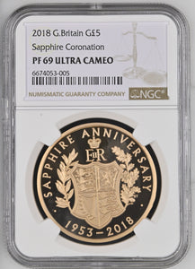 2018 GOLD PROOF £5 SAPPHIRE CORONATION( NGC ) PF 69 ULTRA CAMEO - NGC GOLD COINS - Cambridgeshire Coins