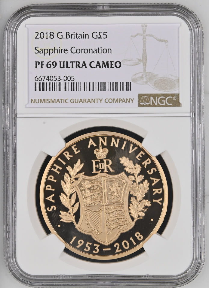 2018 GOLD PROOF £5 SAPPHIRE CORONATION( NGC ) PF 69 ULTRA CAMEO - NGC GOLD COINS - Cambridgeshire Coins