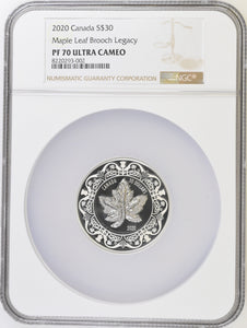 2020 CANADA SILVER PROOF $30 MAPLE LEAF BROOCH LEGACY (NGC) PF 70 ULTRA CAMEO - NGC SILVER COINS - Cambridgeshire Coins