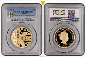 2020 GOLD PROOF TWO POUNDS UNKNOWN WARRIOR CENTENARY PR70DCAM PCGS - NGC GOLD COINS - Cambridgeshire Coins