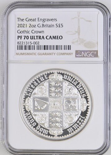 2021 SILVER THE GRAET ENGRAVERS 2021 2OZ £5 GOTHIC CROWN PF 70 ULTRA CAMEO - NGC SILVER COINS - Cambridgeshire Coins