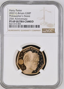 2022 GOLD HARRY POTTER 50P 25TH ANNIVERSARY PF 69 ULTRA CAMEO - NGC GOLD COINS - Cambridgeshire Coins