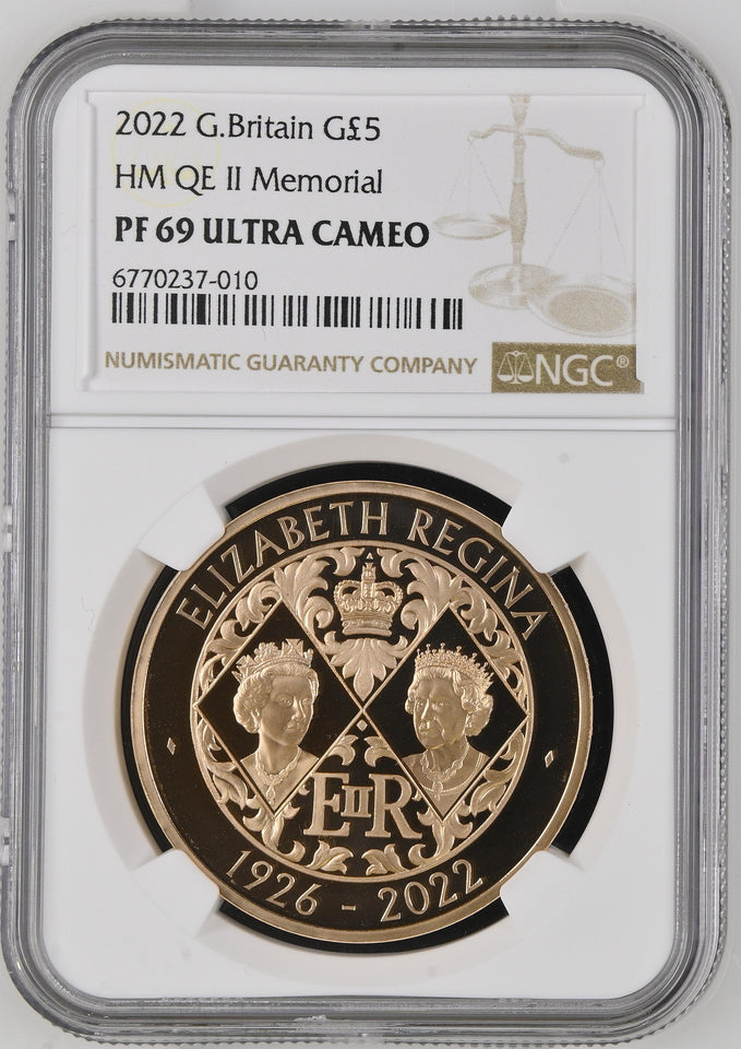 2022 GOLD PROOF £5 SOVEREIGN ( NGC ) PF 69 ULTRA CAMEO HM QUEEN ELIZABETH MEMORIAL - NGC GOLD COINS - Cambridgeshire Coins