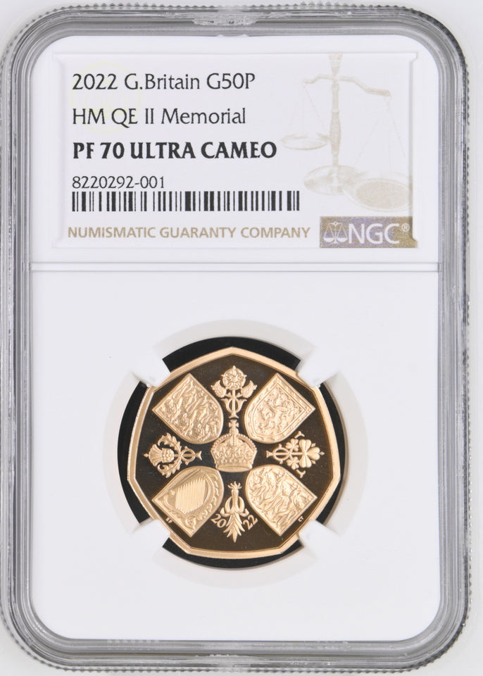 2022 GOLD PROOF HM QE II MEMORIAL 50P (NGC) PF70 ULTRA CAMEO - NGC GOLD COINS - Cambridgeshire Coins