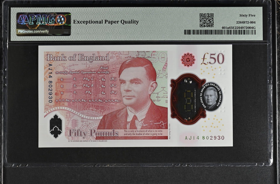 2023 FIFTY POUNDS BANKNOTE S. JOHN P401a PMG 65 GEM UNCIRCULATED AJ14802930 - PMG CERTIFIED ENGLISH BANKNOTES - Cambridgeshire Coins