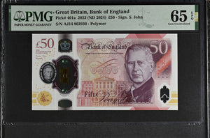 2023 FIFTY POUNDS BANKNOTE S. JOHN P401a PMG 65 GEM UNCIRCULATED AJ14802930 - PMG CERTIFIED ENGLISH BANKNOTES - Cambridgeshire Coins