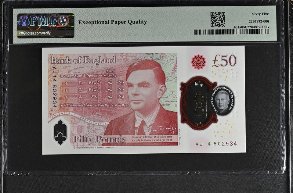 2023 FIFTY POUNDS BANKNOTE S. JOHN P401a PMG 65 GEM UNCIRCULATED AJ14802934 - PMG CERTIFIED ENGLISH BANKNOTES - Cambridgeshire Coins