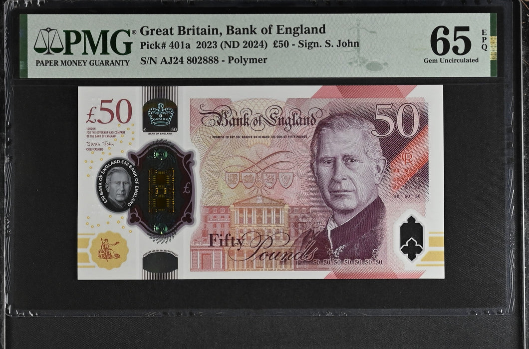 2023 FIFTY POUNDS BANKNOTE S. JOHN P401a PMG 65 GEM UNCIRCULATED AJ24802888 - PMG CERTIFIED ENGLISH BANKNOTES - Cambridgeshire Coins