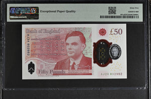 2023 FIFTY POUNDS BANKNOTE S. JOHN P401a PMG 65 GEM UNCIRCULATED AJ24802982 - PMG CERTIFIED ENGLISH BANKNOTES - Cambridgeshire Coins