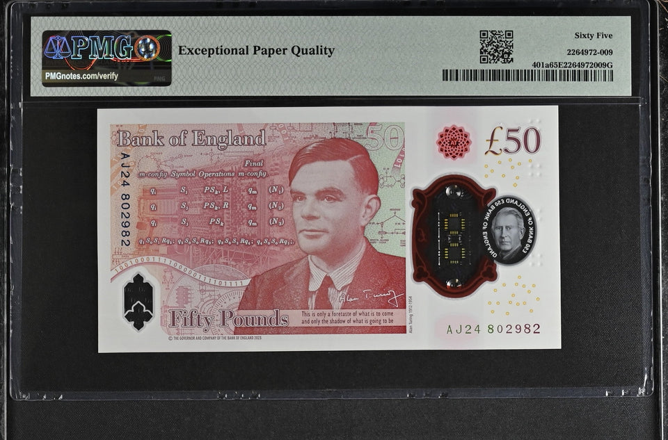 2023 FIFTY POUNDS BANKNOTE S. JOHN P401a PMG 65 GEM UNCIRCULATED AJ24802982 - PMG CERTIFIED ENGLISH BANKNOTES - Cambridgeshire Coins