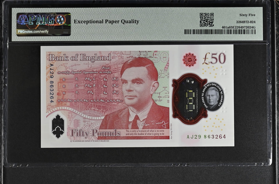 2023 FIFTY POUNDS BANKNOTE S. JOHN P401a PMG 65 GEM UNCIRCULATED AJ29836264 - PMG CERTIFIED ENGLISH BANKNOTES - Cambridgeshire Coins