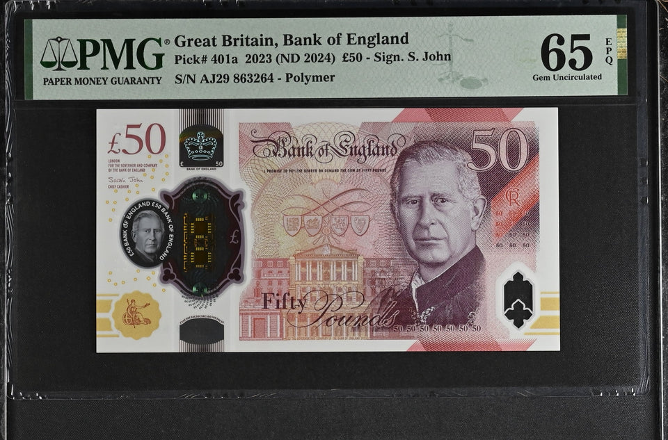 2023 FIFTY POUNDS BANKNOTE S. JOHN P401a PMG 65 GEM UNCIRCULATED AJ29836264 - PMG CERTIFIED ENGLISH BANKNOTES - Cambridgeshire Coins