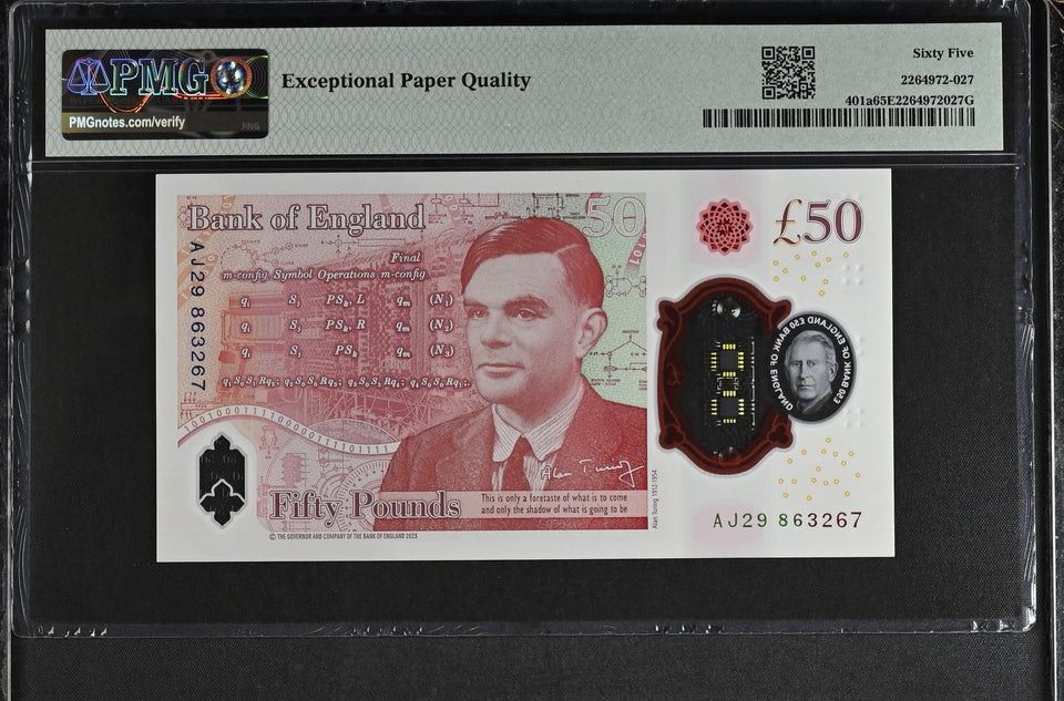 2023 FIFTY POUNDS BANKNOTE S. JOHN P401a PMG 65 GEM UNCIRCULATED AJ29863267 - PMG CERTIFIED ENGLISH BANKNOTES - Cambridgeshire Coins