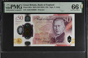 2023 FIFTY POUNDS BANKNOTE S. JOHN P401a PMG 66 GEM UNCIRCULATED AJ26850890 - PMG CERTIFIED ENGLISH BANKNOTES - Cambridgeshire Coins