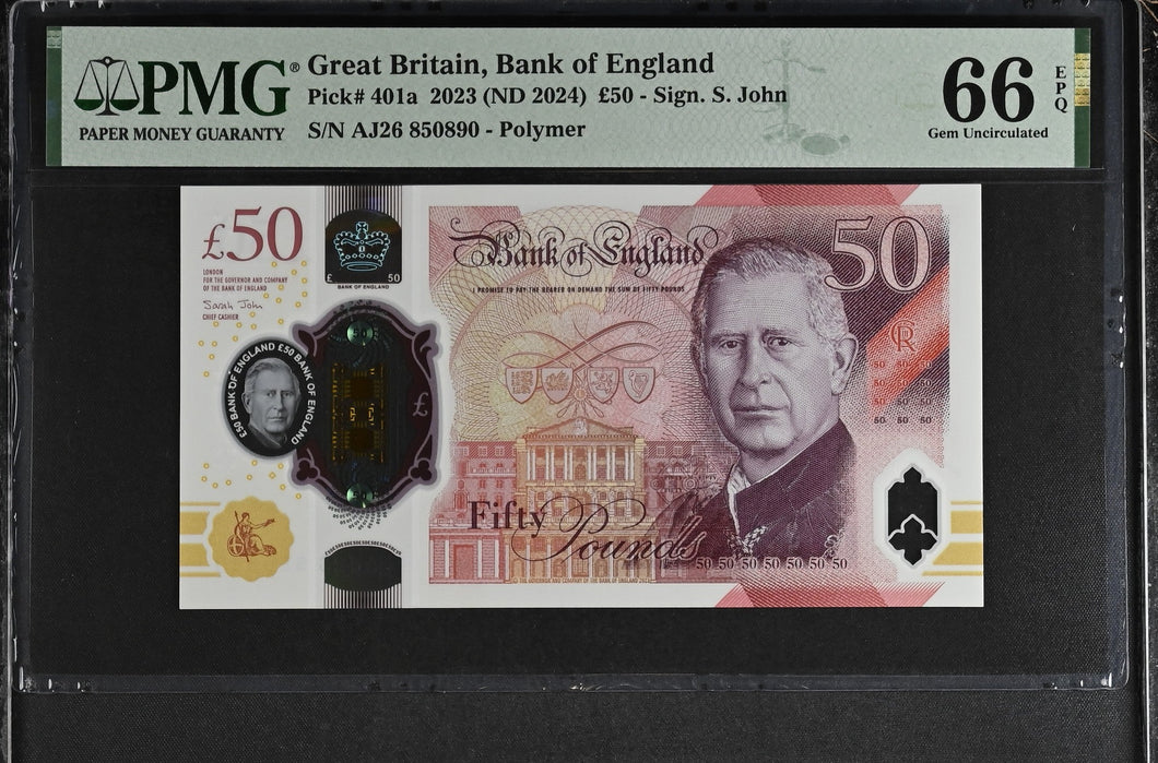 2023 FIFTY POUNDS BANKNOTE S. JOHN P401a PMG 66 GEM UNCIRCULATED AJ26850890 - PMG CERTIFIED ENGLISH BANKNOTES - Cambridgeshire Coins