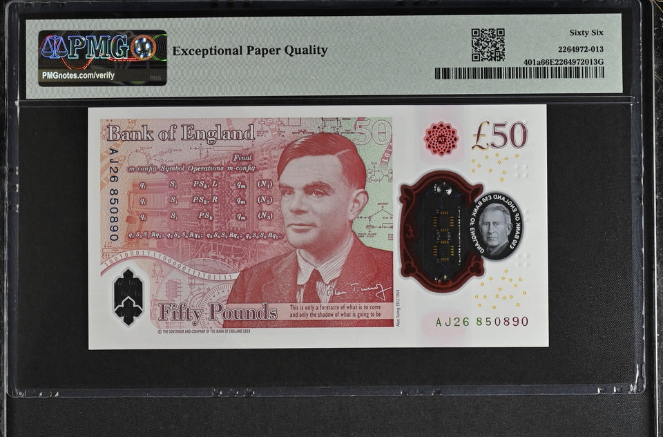 2023 FIFTY POUNDS BANKNOTE S. JOHN P401a PMG 66 GEM UNCIRCULATED AJ26850890 - PMG CERTIFIED ENGLISH BANKNOTES - Cambridgeshire Coins