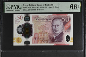 2023 FIFTY POUNDS BANKNOTE S. JOHN P401a PMG 66 GEM UNCIRCULATED AJ26850894 - PMG CERTIFIED ENGLISH BANKNOTES - Cambridgeshire Coins