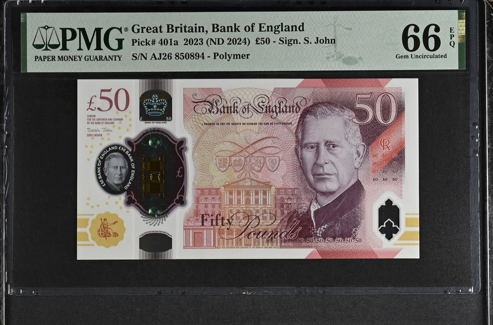 2023 FIFTY POUNDS BANKNOTE S. JOHN P401a PMG 66 GEM UNCIRCULATED AJ26850894 - PMG CERTIFIED ENGLISH BANKNOTES - Cambridgeshire Coins