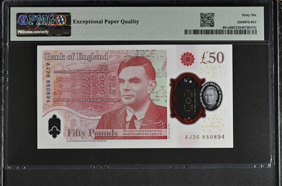 2023 FIFTY POUNDS BANKNOTE S. JOHN P401a PMG 66 GEM UNCIRCULATED AJ26850894 - PMG CERTIFIED ENGLISH BANKNOTES - Cambridgeshire Coins