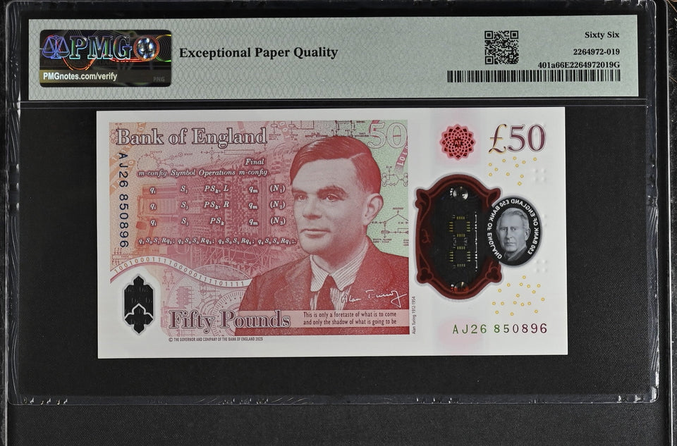 2023 FIFTY POUNDS BANKNOTE S. JOHN P401a PMG 66 GEM UNCIRCULATED AJ26850896 - PMG CERTIFIED ENGLISH BANKNOTES - Cambridgeshire Coins