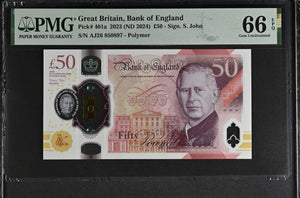 2023 FIFTY POUNDS BANKNOTE S. JOHN P401a PMG 66 GEM UNCIRCULATED AJ26850897 - PMG CERTIFIED ENGLISH BANKNOTES - Cambridgeshire Coins