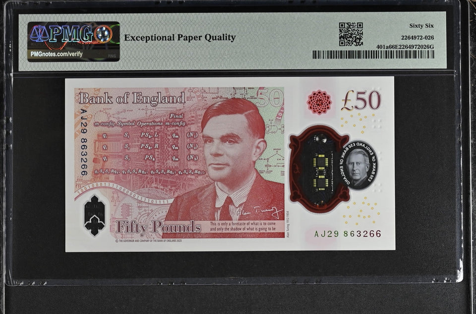 2023 FIFTY POUNDS BANKNOTE S. JOHN P401a PMG 66 GEM UNCIRCULATED AJ29863266 - PMG CERTIFIED ENGLISH BANKNOTES - Cambridgeshire Coins