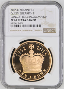 2015 GOLD FIVE POUND QUEEN ELIZABETH II PF 69 ULTRA CAMEO