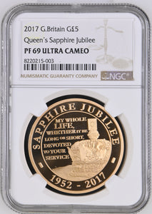 2017 GOLD FIVE POUND QUEEN'S SAPPHIRE JUBILEE PF 69 ULTRA CAMEO