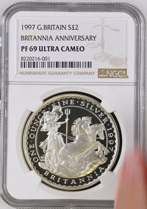 1997 SILVER 2 POUND BRITANNIA ANNIVERSARY PF 69 ULTRA CAMEO