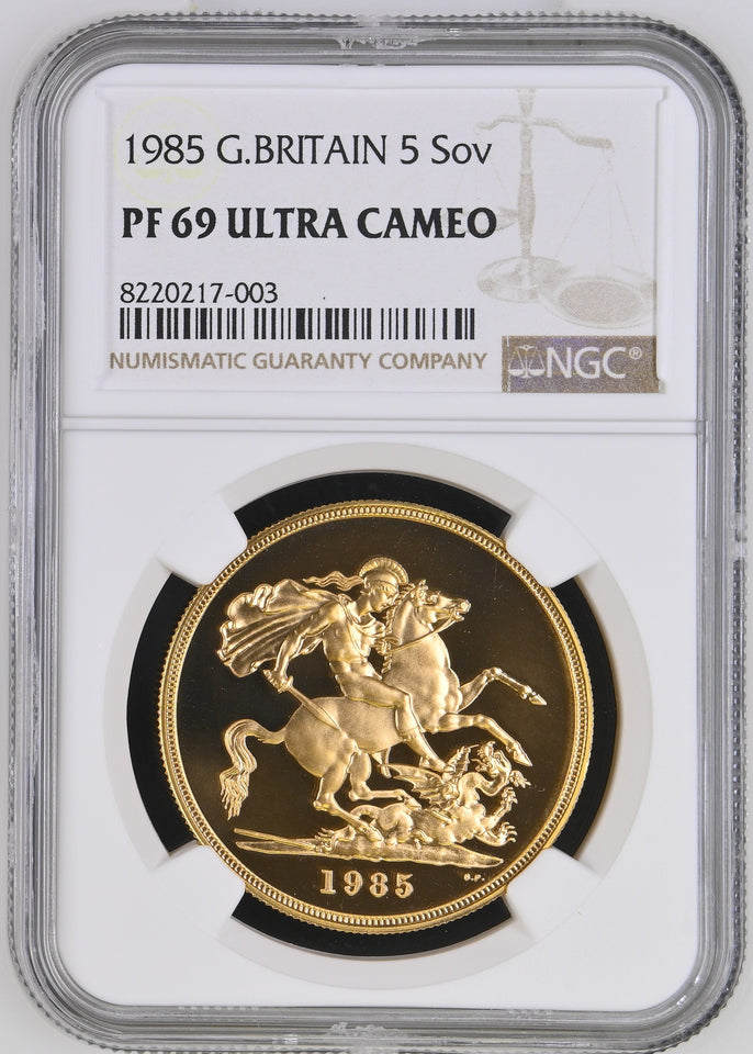 1985 GOLD FIVE POUND SOVEREIGN PF 69 ULTRA CAMEO