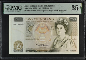 FIFTY POUNDS BANKNOTE SOMERSET PMG 35 GEM UNCIRCULATED A03 053955 - £50 Banknotes - Cambridgeshire Coins