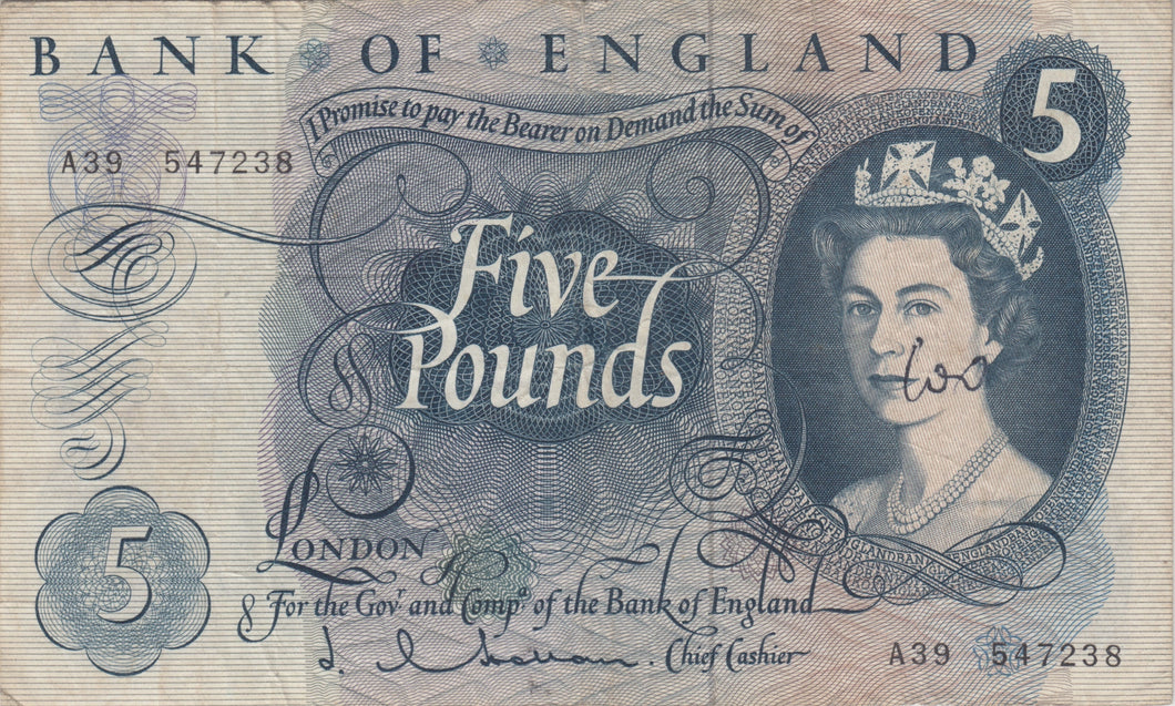 FIVE POUNDS BANKNOTE HOLLOM REF £5 - 93 - £5 BANKNOTES - Cambridgeshire Coins