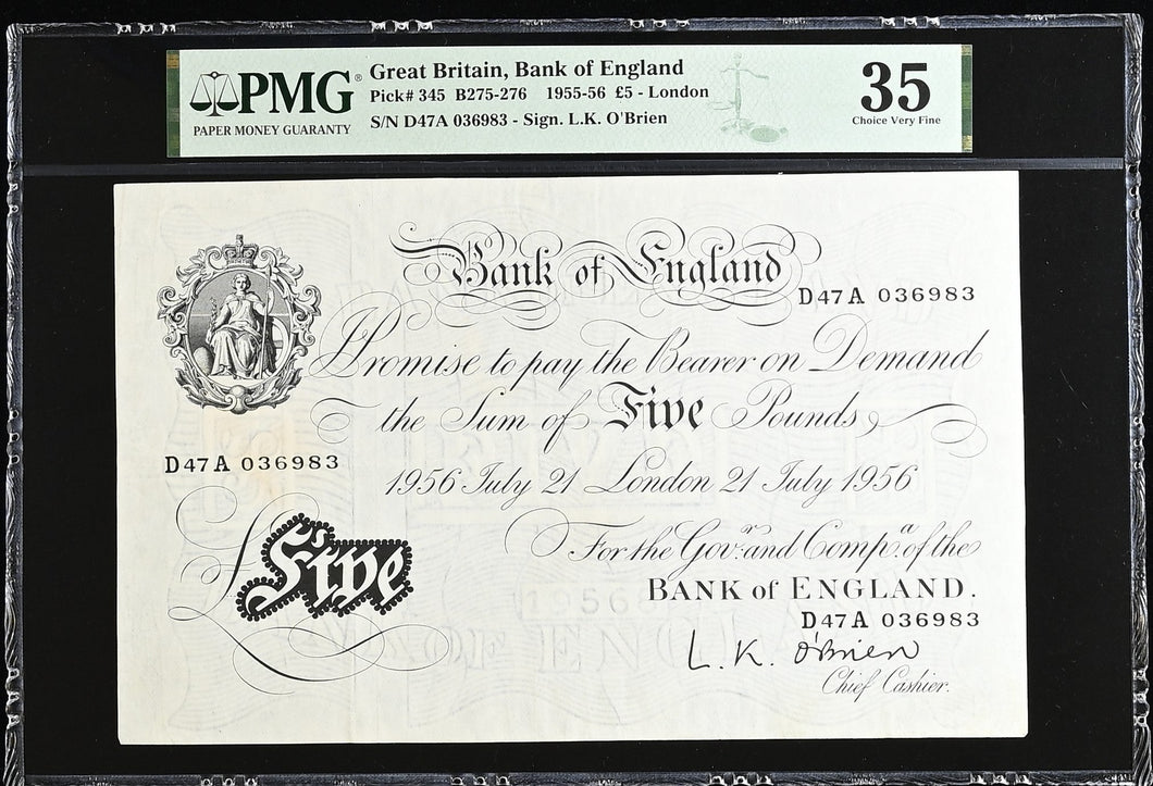 FIVE POUNDS BANKNOTE O'BRIEN PMG 35 CHOICE VERY FINE D47A036983 - PMG CERTIFIED ENGLISH BANKNOTES - Cambridgeshire Coins