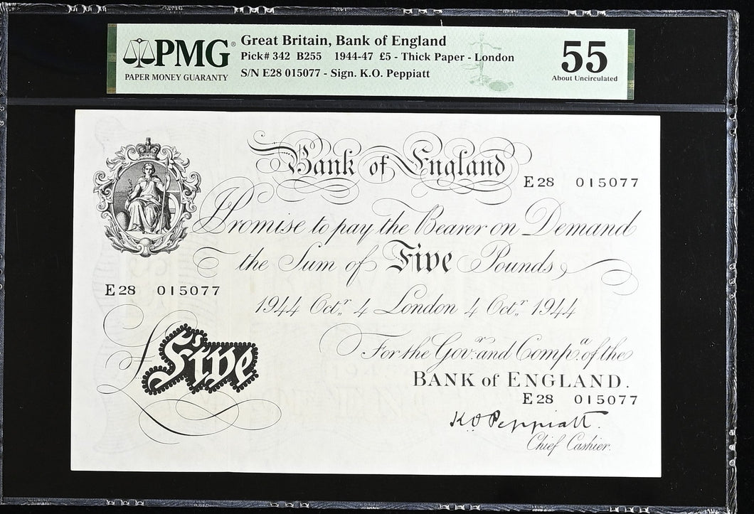 FIVE POUNDS BANKNOTE PEPPIATT PMG 55 ABOUT UNCIRCULATED E28015077 - PMG CERTIFIED ENGLISH BANKNOTES - Cambridgeshire Coins