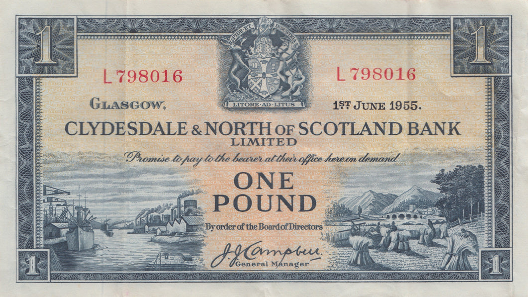 ONE POUND BANKNOTE CLYDESDALE AND NORTH OF SCOTLAND BANK SCOT - 17 - £1 Banknotes - Cambridgeshire Coins