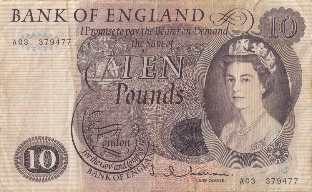 TEN POUNDS BANKNOTE HOLLOM REF £10 - 73 - £10 Banknotes - Cambridgeshire Coins