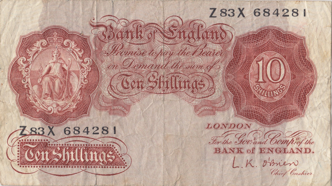 TEN SHILLINGS BANKNOTE O'BRIEN REF SHILL - 12 - 10 SHILLINGS BANKNOTES - Cambridgeshire Coins