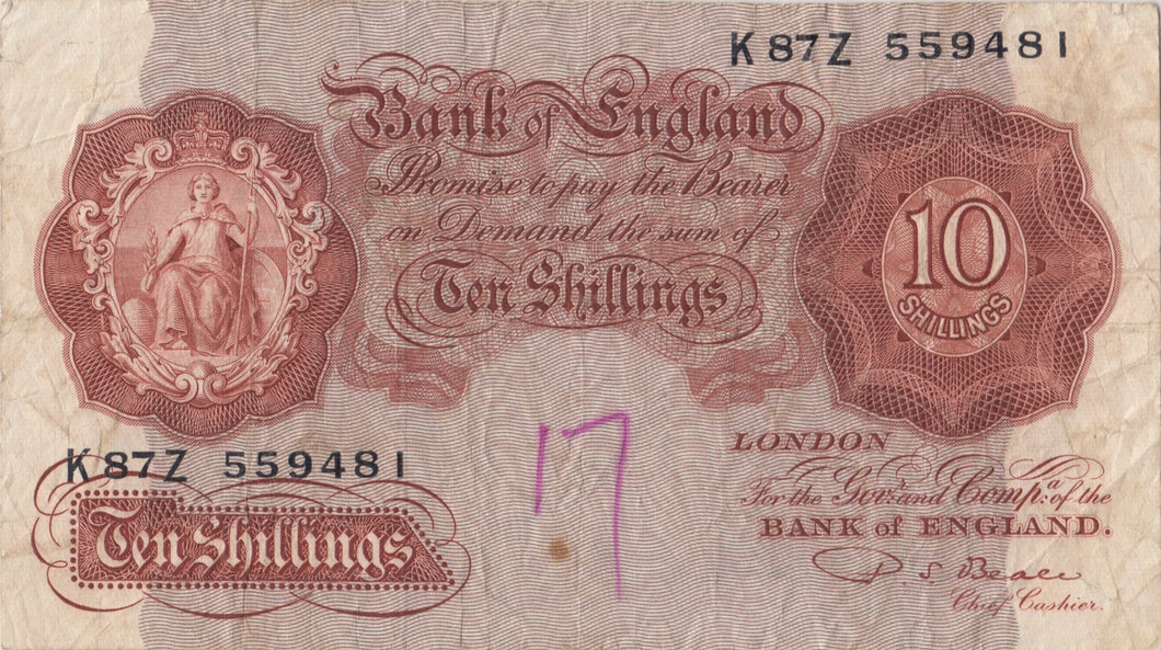 TEN SHILLINGS BANKNOTE O'BRIEN REF SHILL - 15 - 10 SHILLINGS BANKNOTES - Cambridgeshire Coins