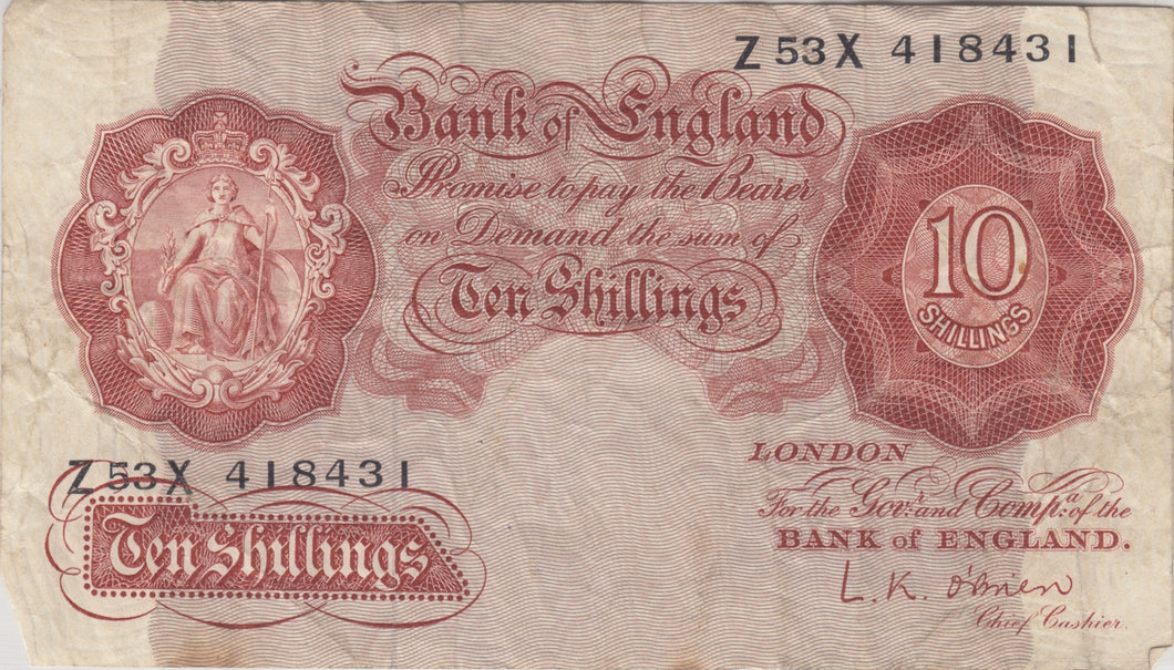 TEN SHILLINGS BANKNOTE O'BRIEN REF SHILL - 2 - 10 SHILLINGS BANKNOTES - Cambridgeshire Coins