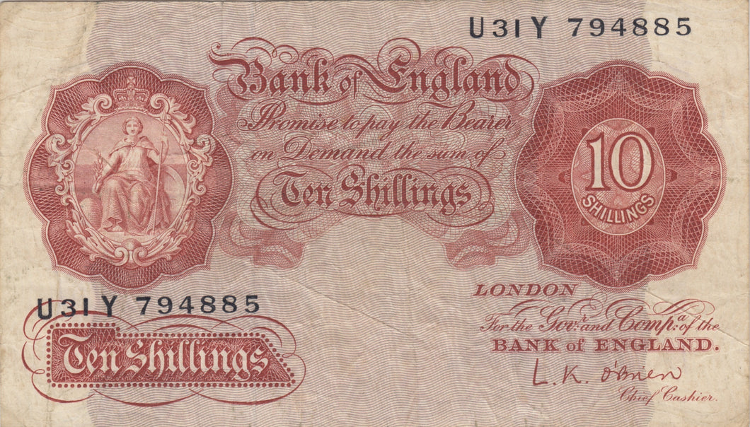 TEN SHILLINGS BANKNOTE O'BRIEN REF SHILL - 4 - 10 SHILLINGS BANKNOTES - Cambridgeshire Coins