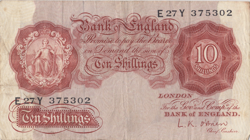 TEN SHILLINGS BANKNOTE O'BRIEN REF SHILL - 6 - 10 SHILLINGS BANKNOTES - Cambridgeshire Coins