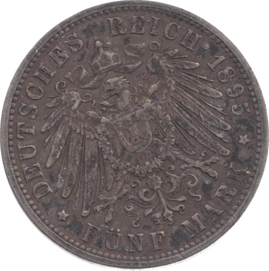 1895 PRUSSIA SILVER 5 MARK - SILVER WORLD COINS - Cambridgeshire Coins