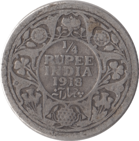 1918 INDIAN SILVER QUARTER RUPEE - SILVER WORLD COINS - Cambridgeshire Coins