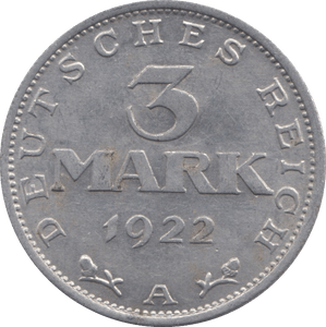 1922 3 MARK GERMANY - WORLD COINS - Cambridgeshire Coins