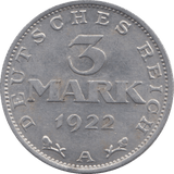 1922 3 MARK GERMANY - WORLD COINS - Cambridgeshire Coins