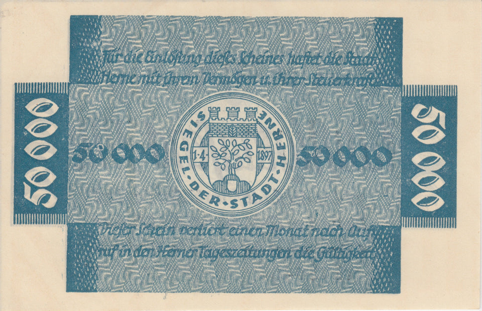 1923 50000 MARK GERMAN BANKNOTE CITY OF HERNE GERMANY REF 774 - World Banknotes - Cambridgeshire Coins