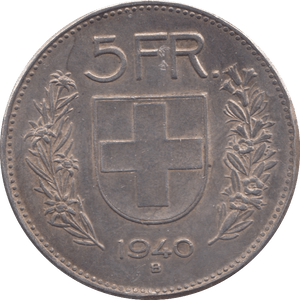 1940 SILVER 5 FRANC SWITZERLAND - SILVER WORLD COINS - Cambridgeshire Coins