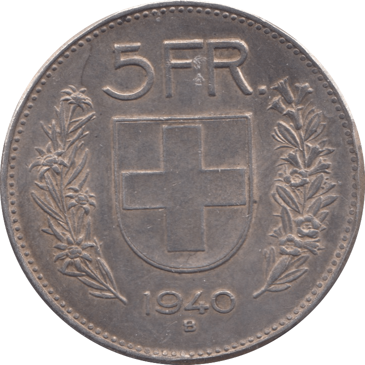 1940 SILVER 5 FRANC SWITZERLAND - SILVER WORLD COINS - Cambridgeshire Coins