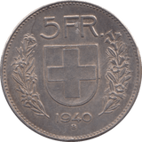 1940 SILVER 5 FRANC SWITZERLAND - SILVER WORLD COINS - Cambridgeshire Coins